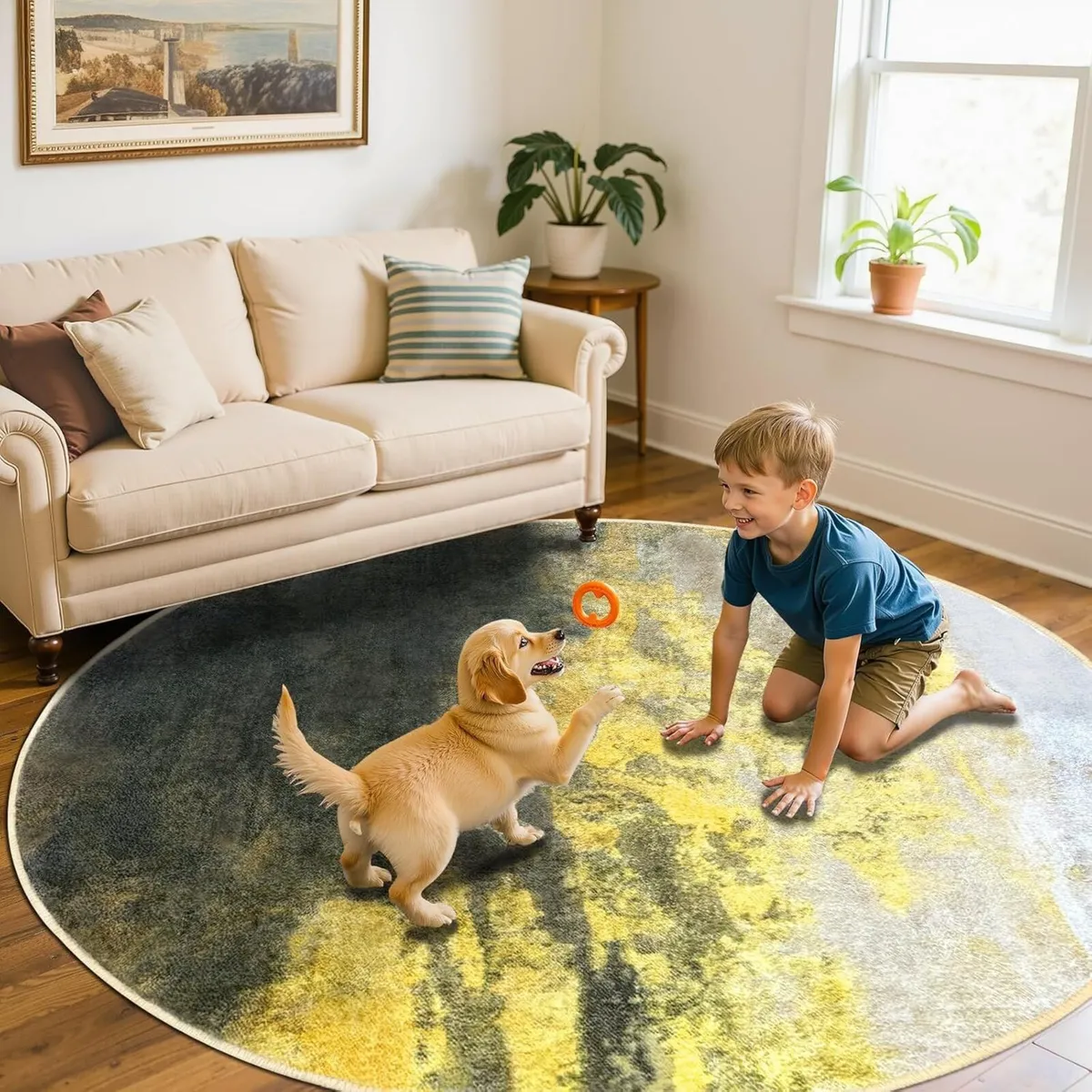 Round Living Room Rug 200cm Modern Gold Abstract - Image 2
