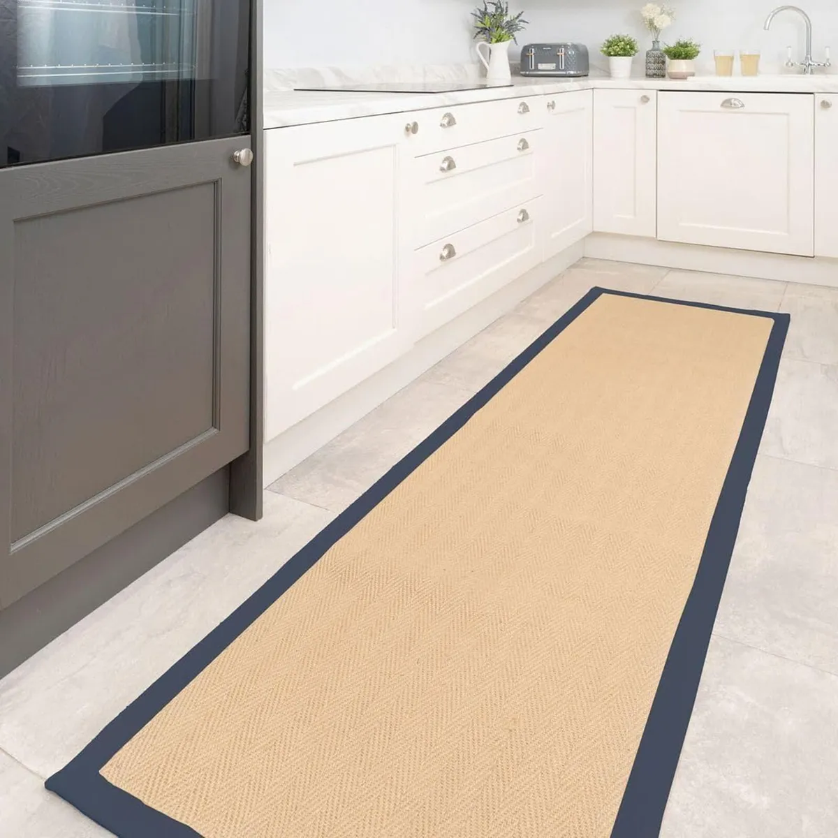 Natural Herringbone Navy Cotton Border Jute - Image 1