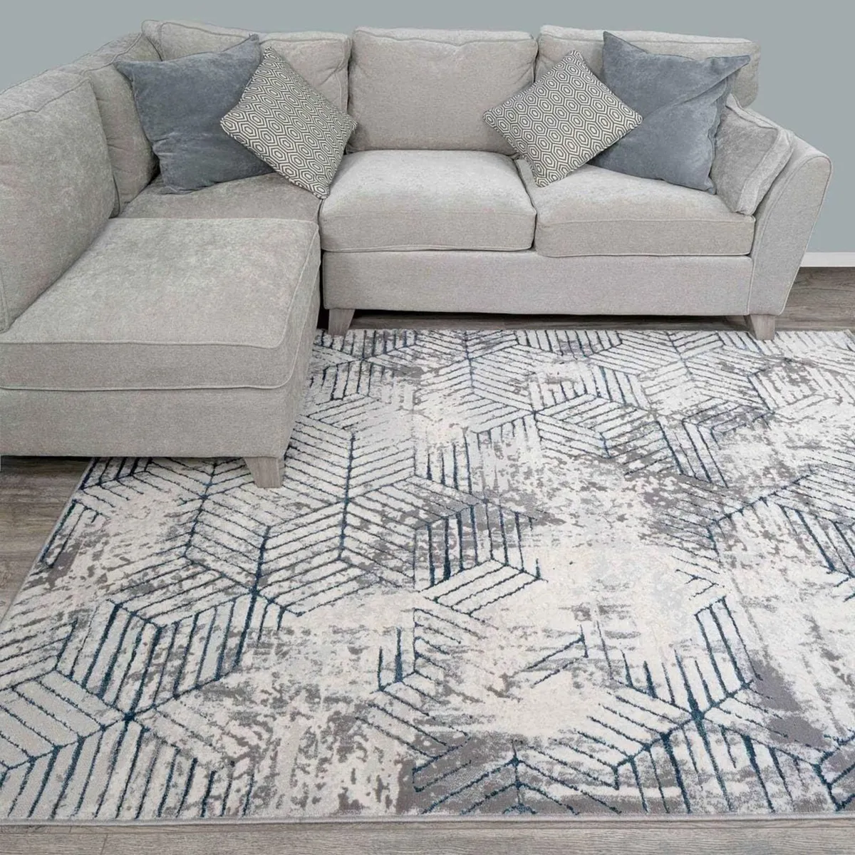 Designer Modern Geometric Grey Navy Plush Living - Image 1