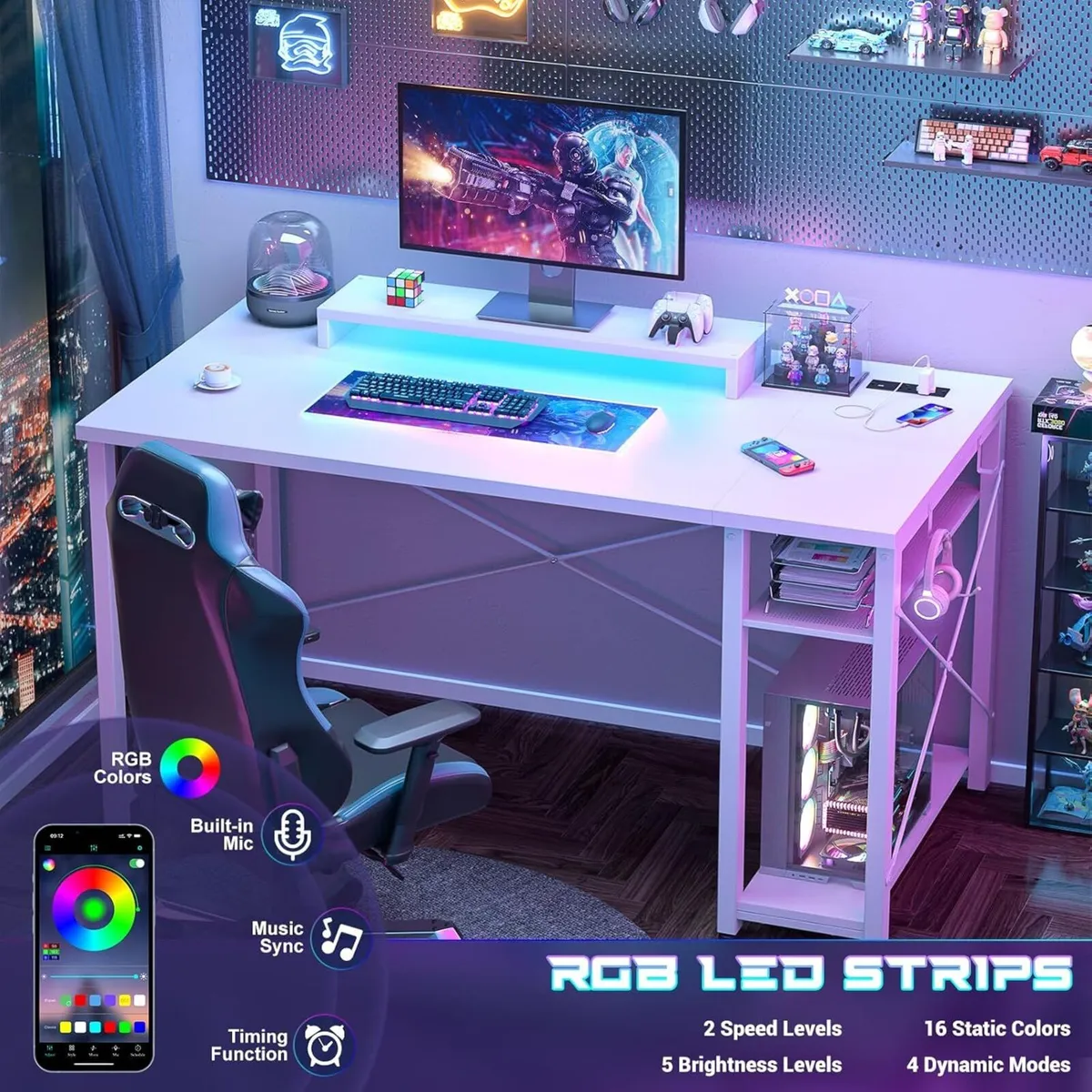 Gaming Desk with LED Lights Power Outlet Reversibl - Image 4