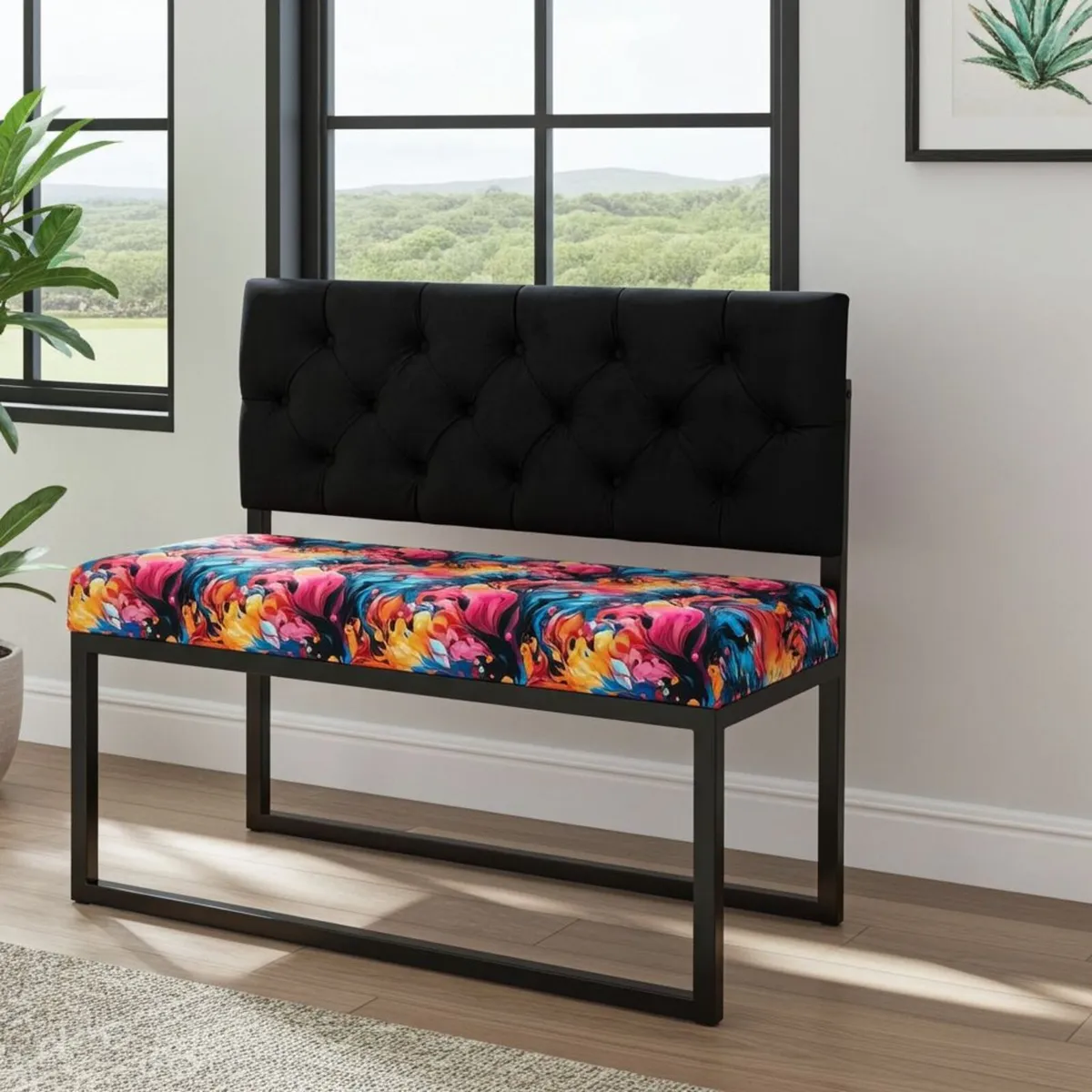 Loft Metal-Framed Bench with Tufted Black Backrest - Image 1