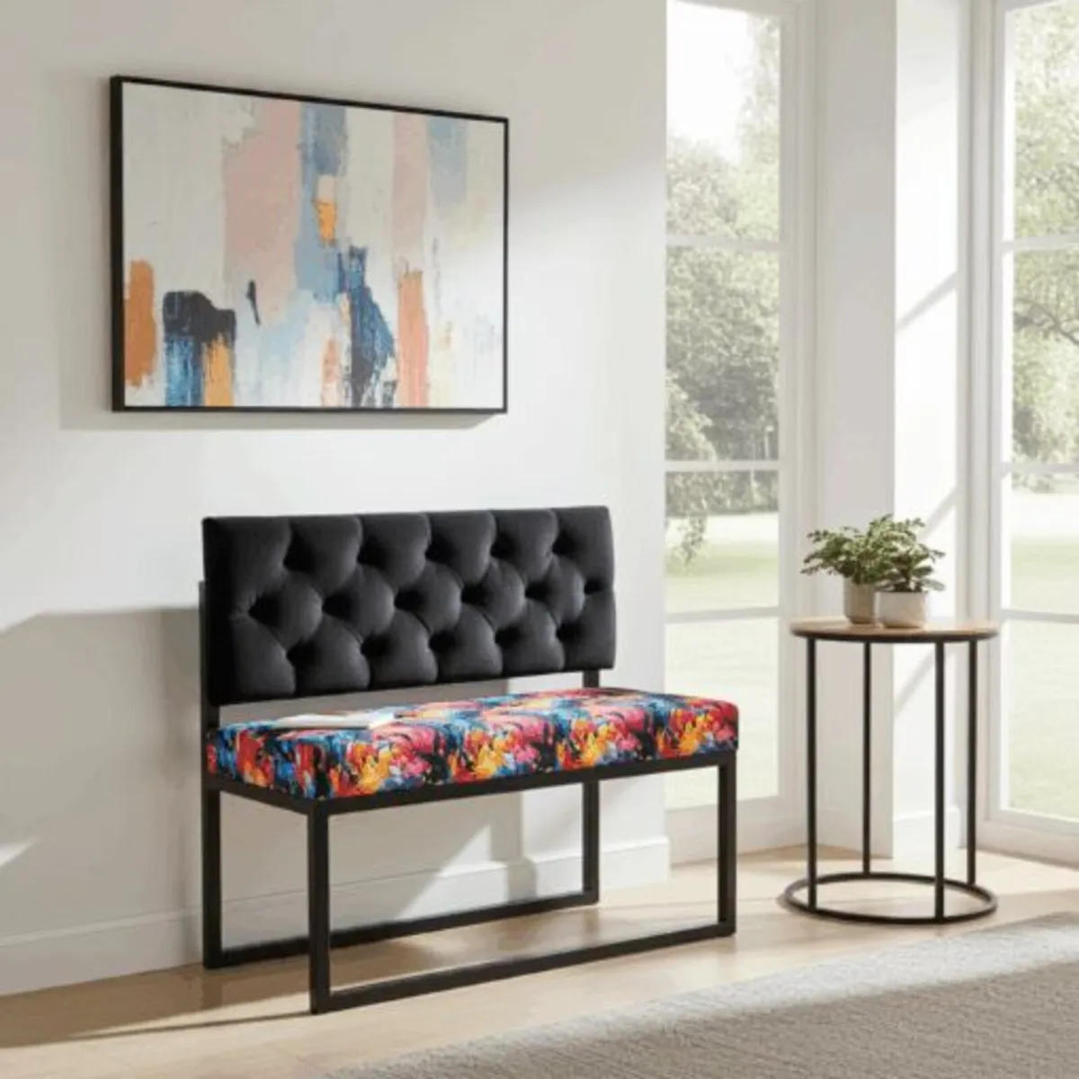 Loft Metal-Framed Bench with Tufted Black Backrest - Image 3
