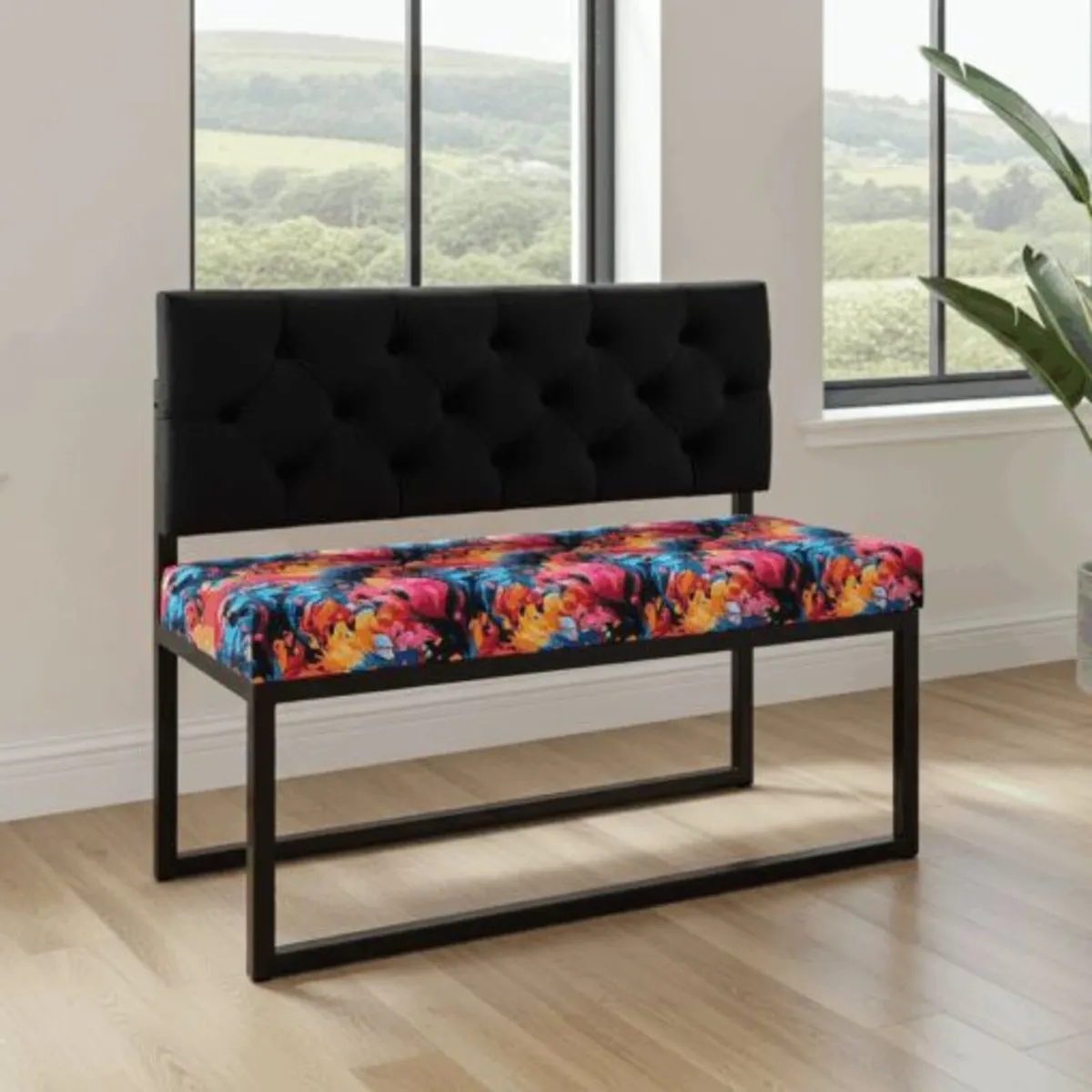 Loft Metal-Framed Bench with Tufted Black Backrest - Image 2