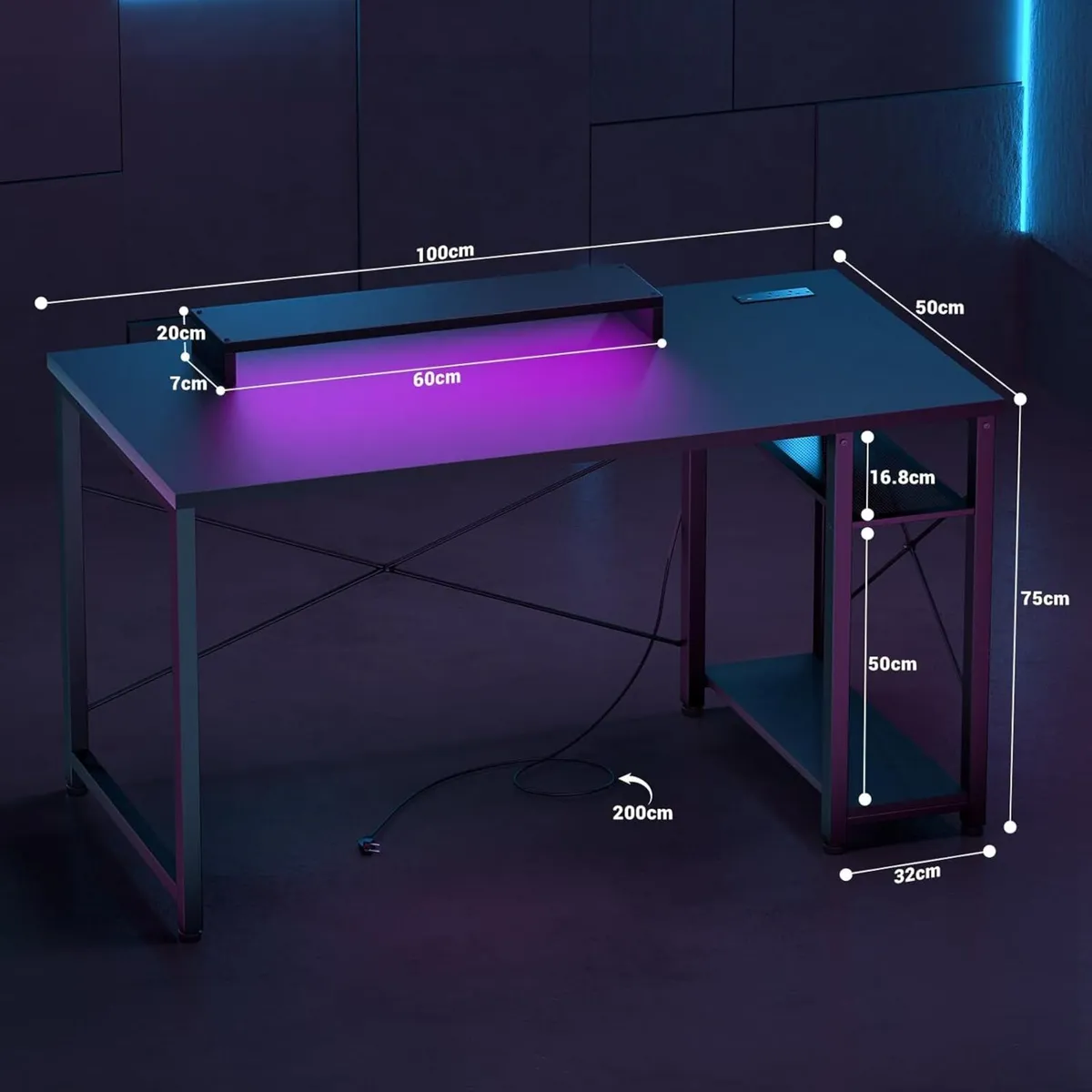 Gaming Desk with LED Lights Power Outlet Reversibl - Image 3
