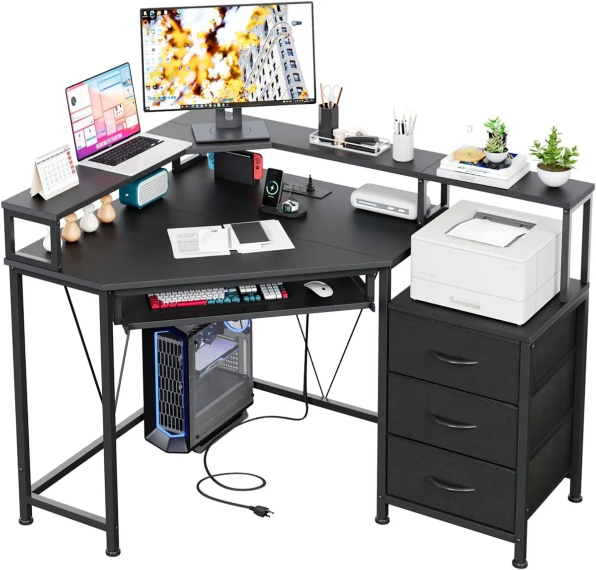 90x120cm Corner Desk with 3 Drawers L Shaped - Image 1