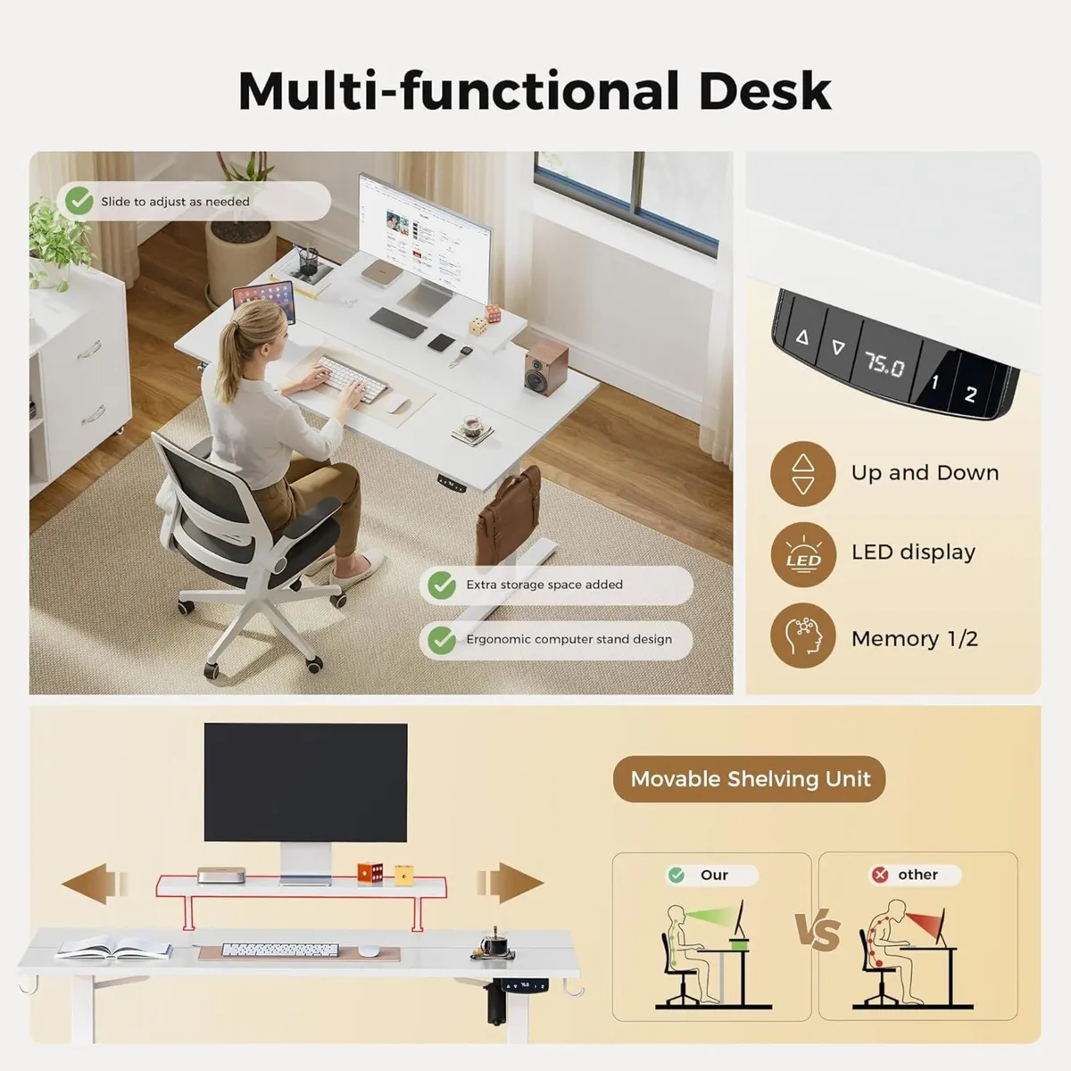 Electric Standing Desk with Movable Monitor Stand - Image 4