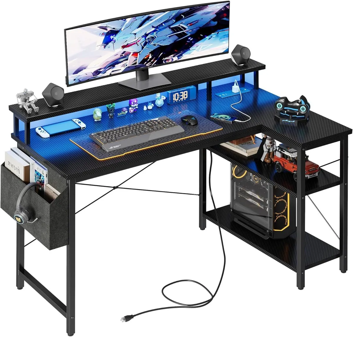 L Shaped Desk with LED Lights Power Outlets 120 - Image 1