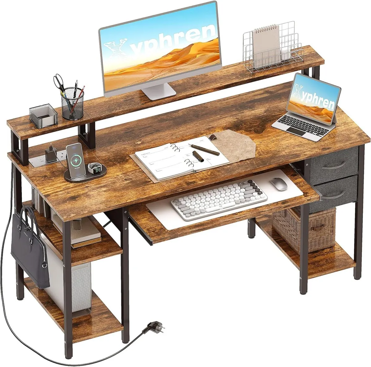 Gaming Desk with Pegboard Power Outlet LED Light - Image 1
