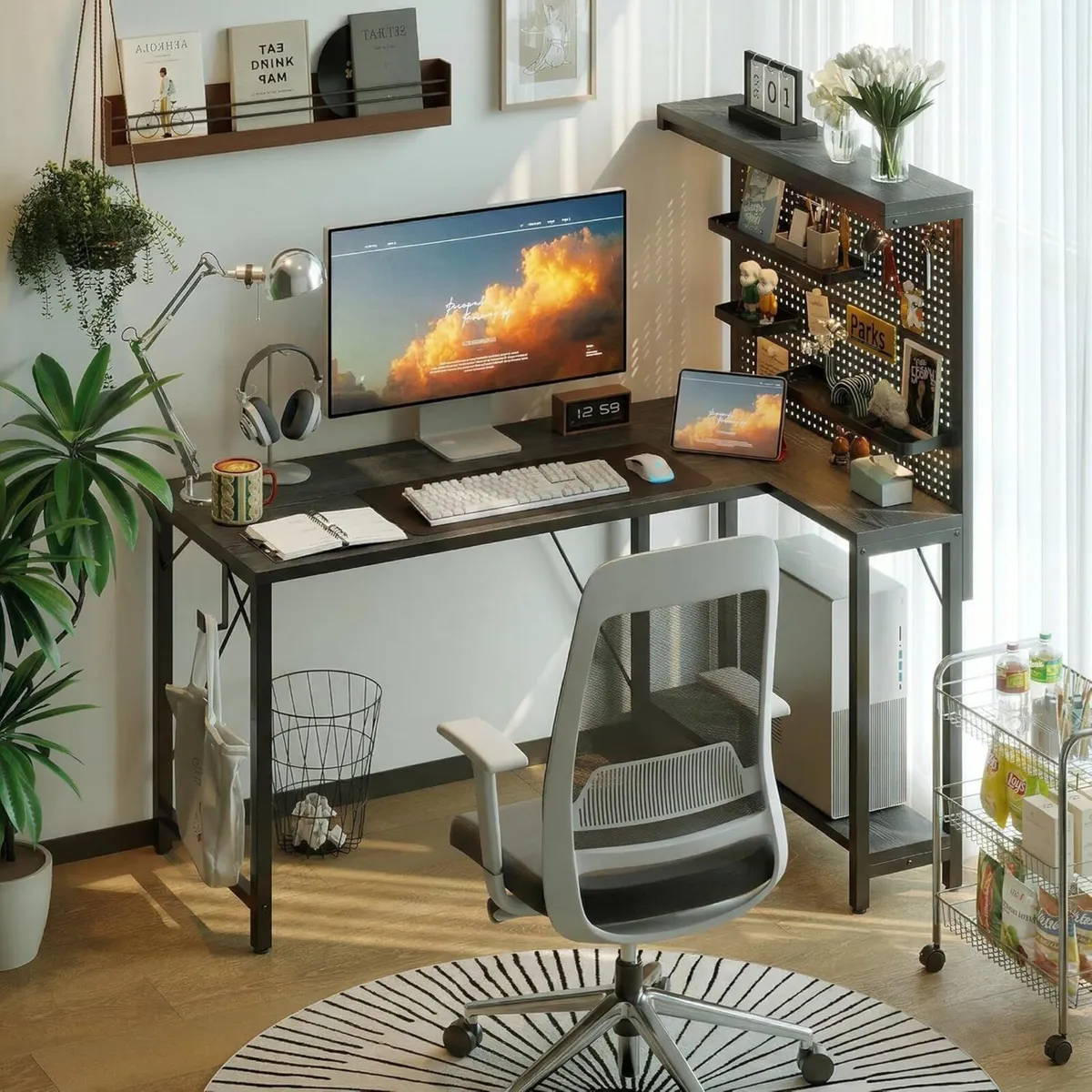L Shaped Gaming Desk with Pegboard Hutch Shelves - Image 2