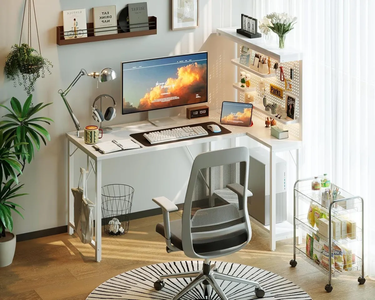 L Shaped Gaming Desk with Pegboard Hutch Shelves - Image 4