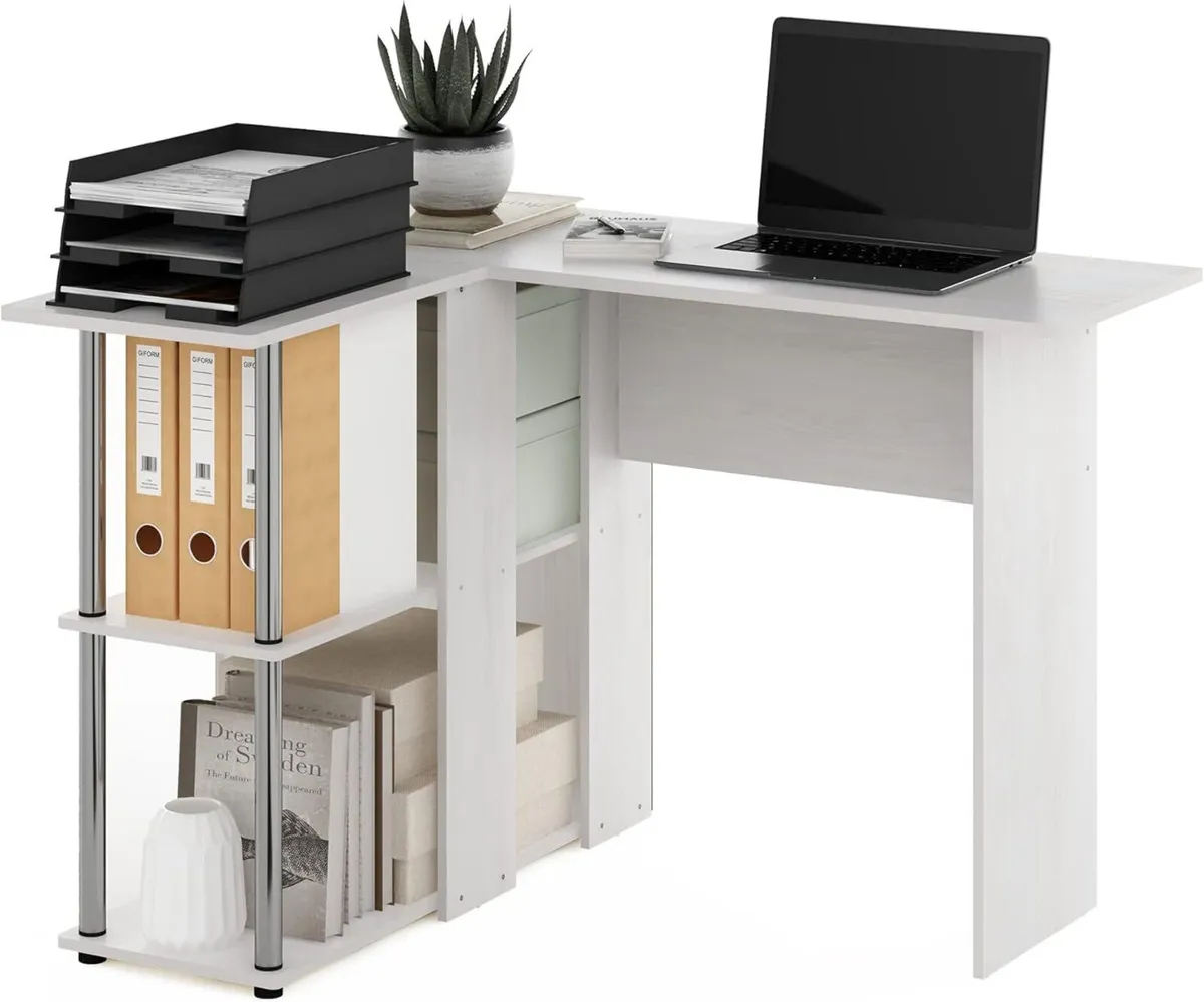 L-Shape Desk with Bookshelf Engineered Wood White - Image 1