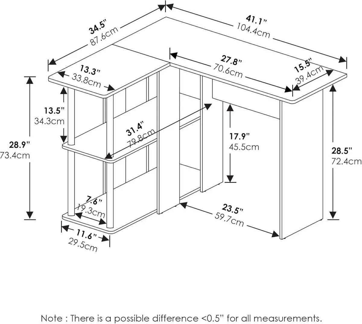L-Shape Desk with Bookshelf Engineered Wood White - Image 2