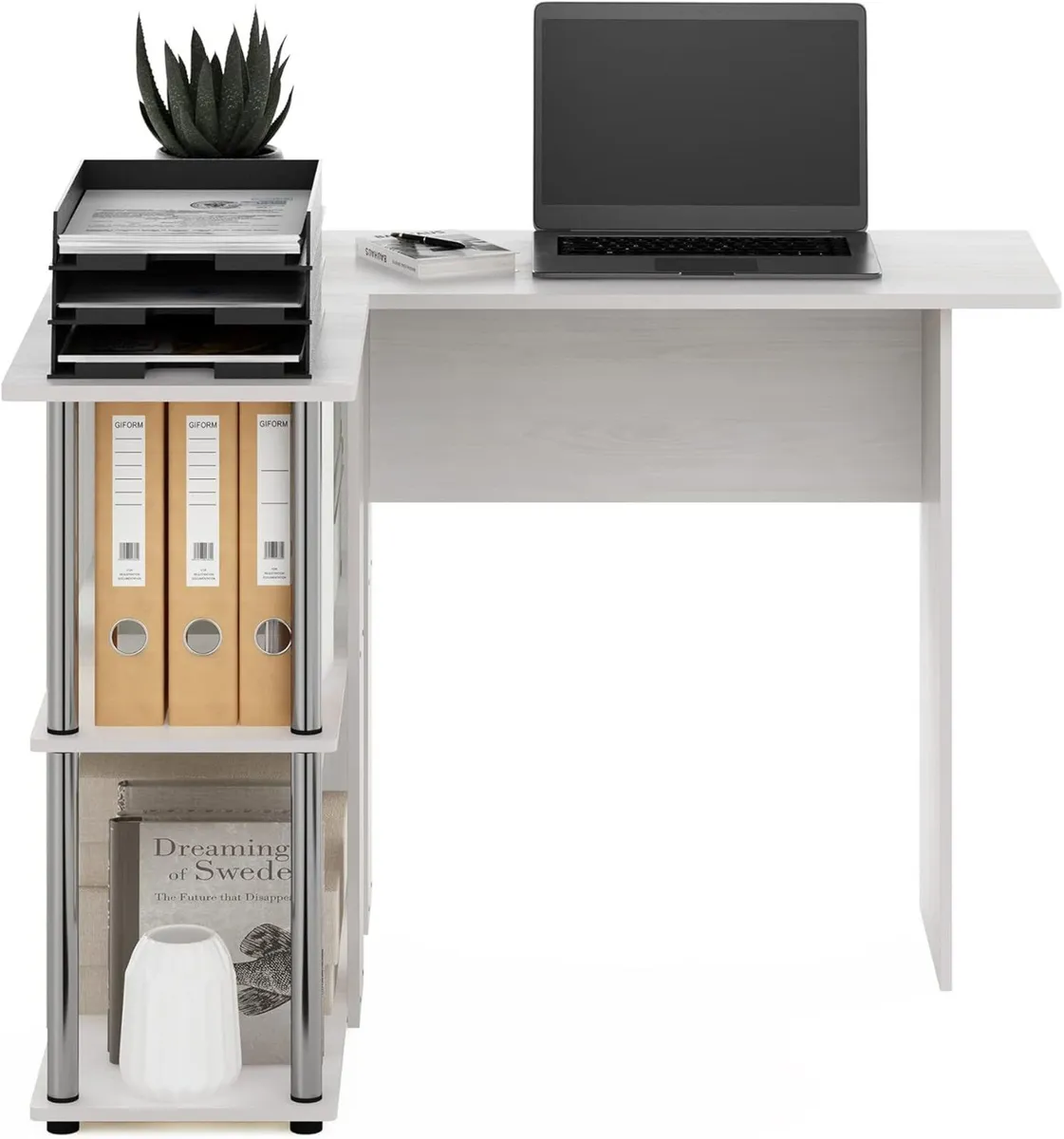 L-Shape Desk with Bookshelf Engineered Wood White - Image 3