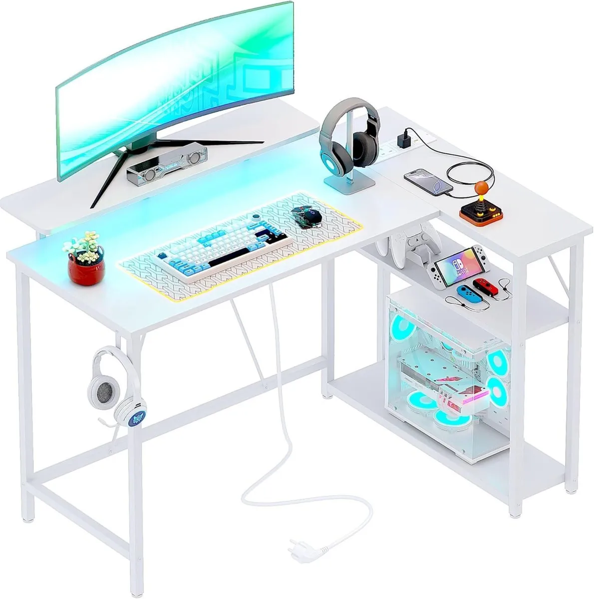 L Shaped Gaming Desk with RGB LED Lights Power - Image 1