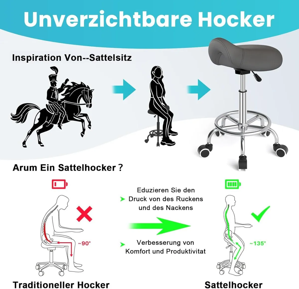 Saddle Stool Ergonomic - Comfortable Rolling - Image 3