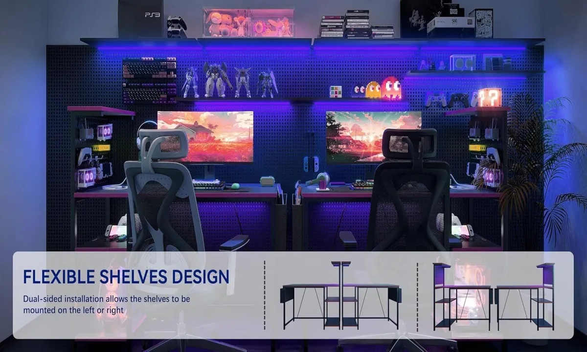 Gaming Desk with Pegboard Power Outlet LED Light - Image 3