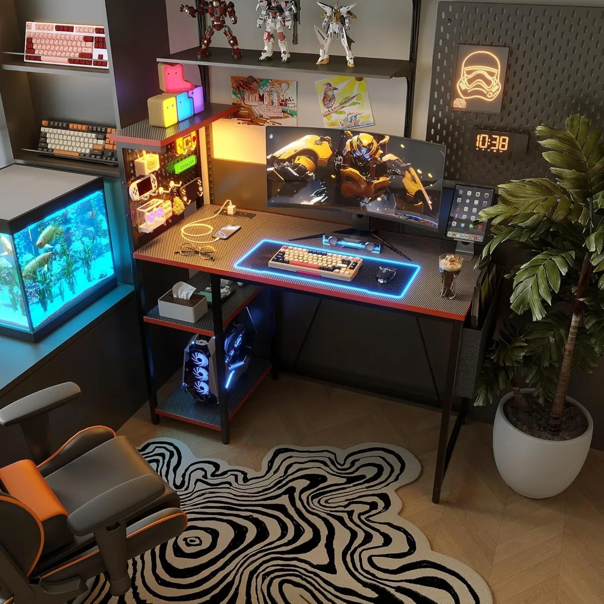 Gaming Desk with Pegboard Power Outlet LED Light - Image 4