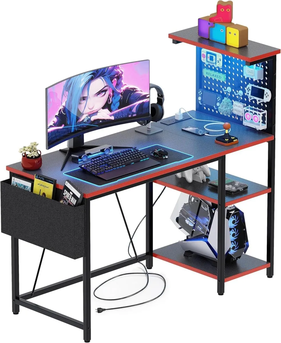 Gaming Desk with Pegboard Power Outlet LED Light - Image 1