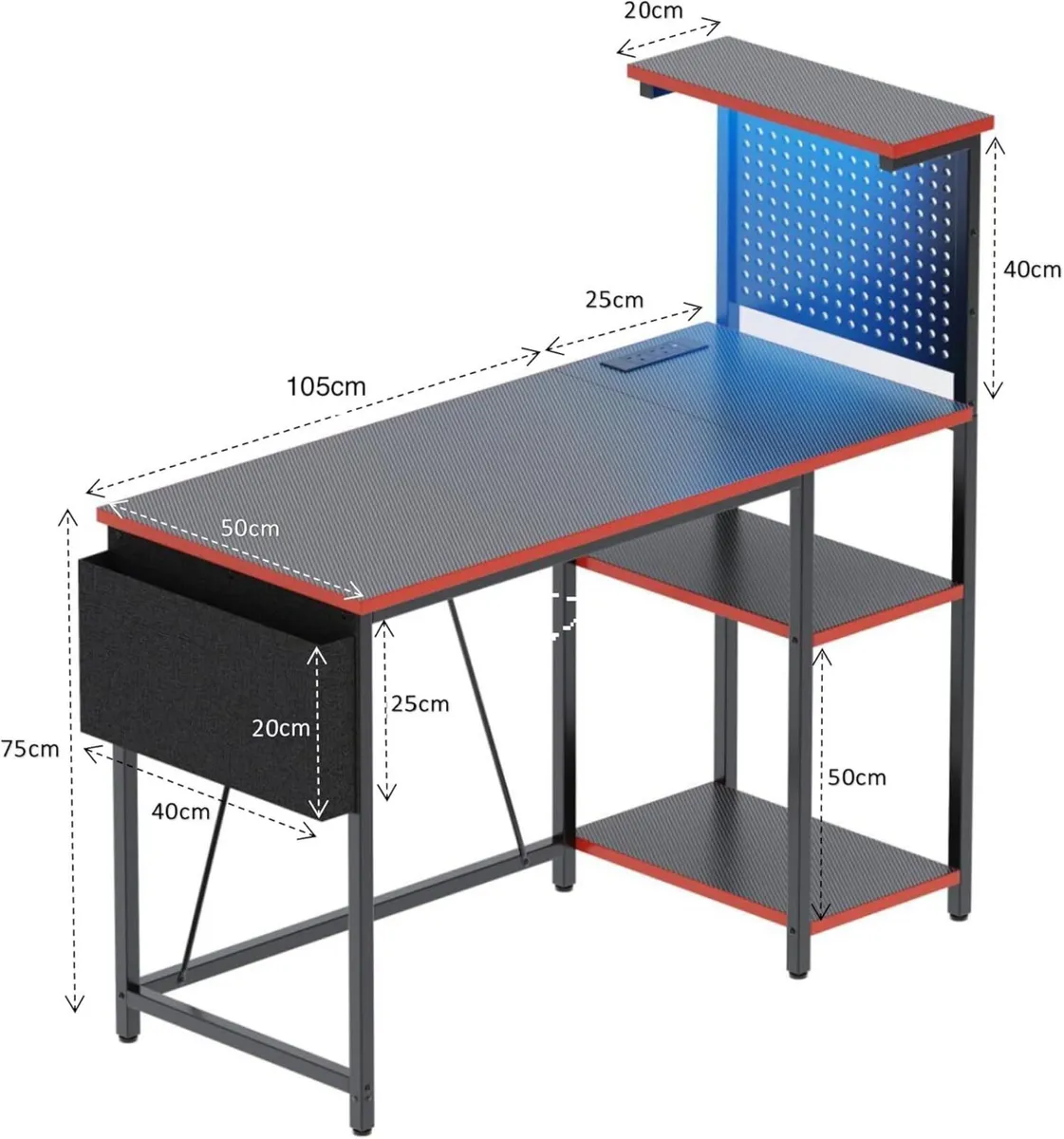 Gaming Desk with Pegboard Power Outlet LED Light - Image 2
