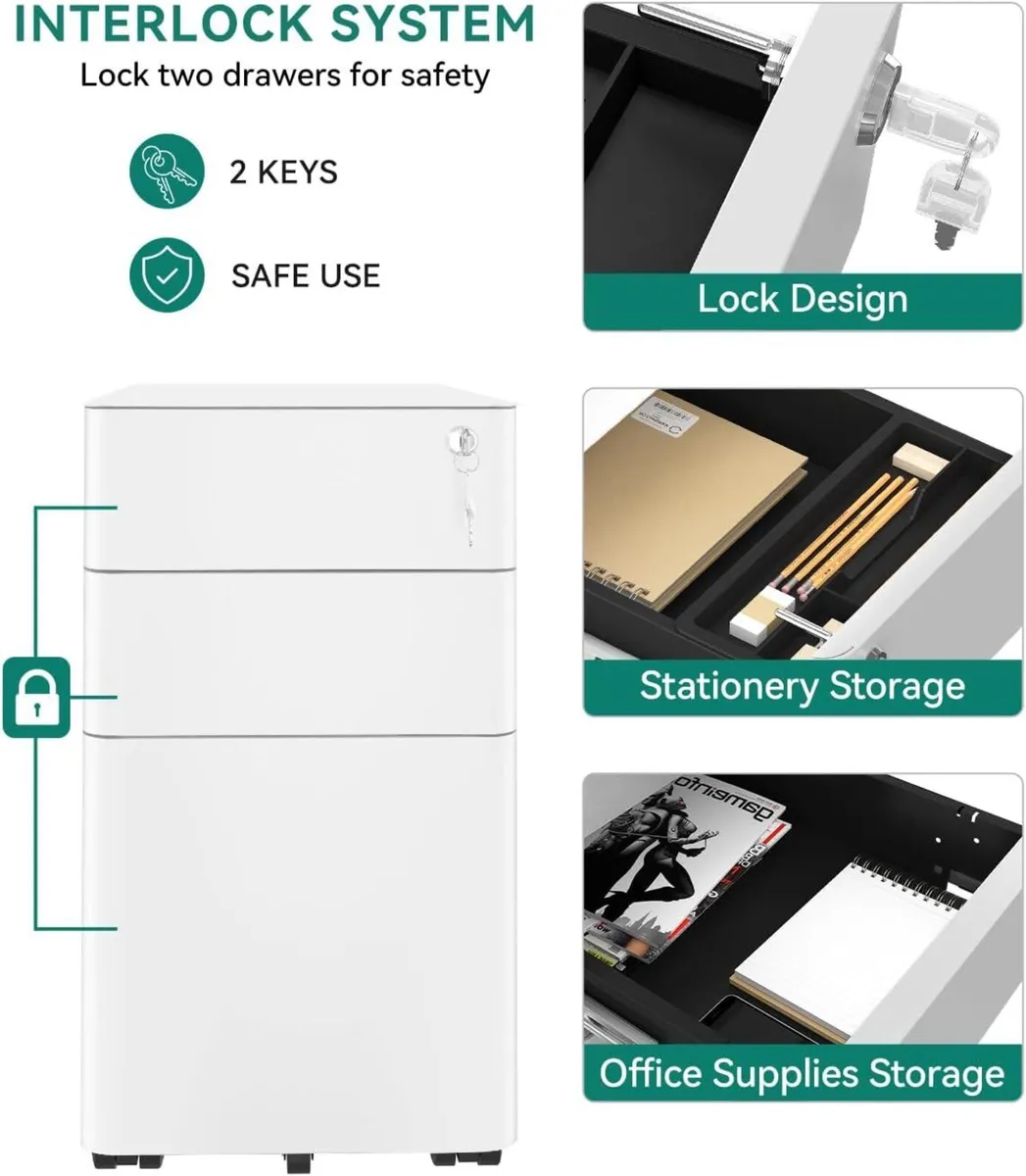 3-Drawers Filing Cabinet Lockable Home Office - Image 4