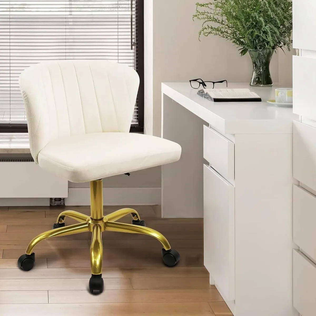 White Home Office Chair Armless Velvet Vanity - Image 2