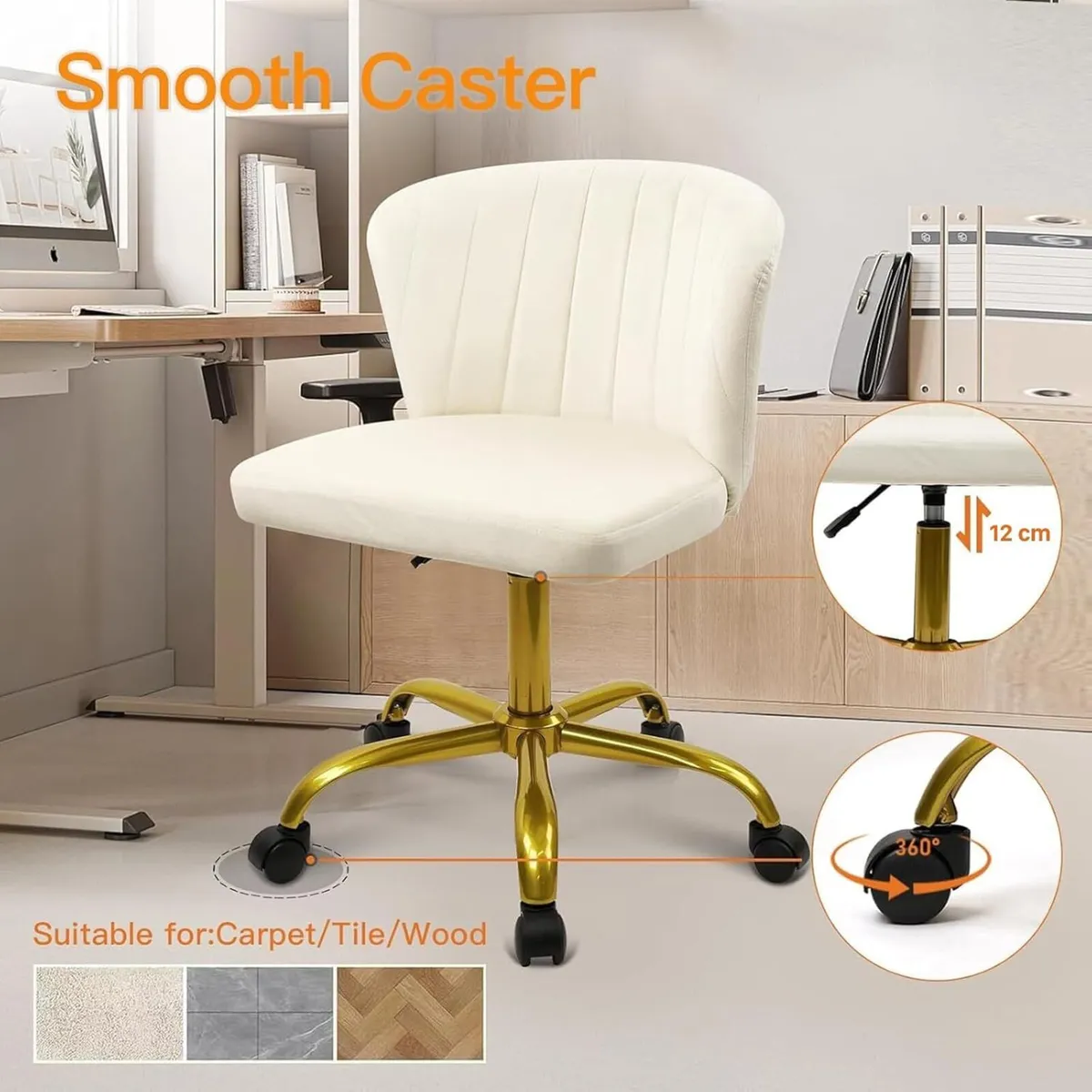 White Home Office Chair Armless Velvet Vanity - Image 4
