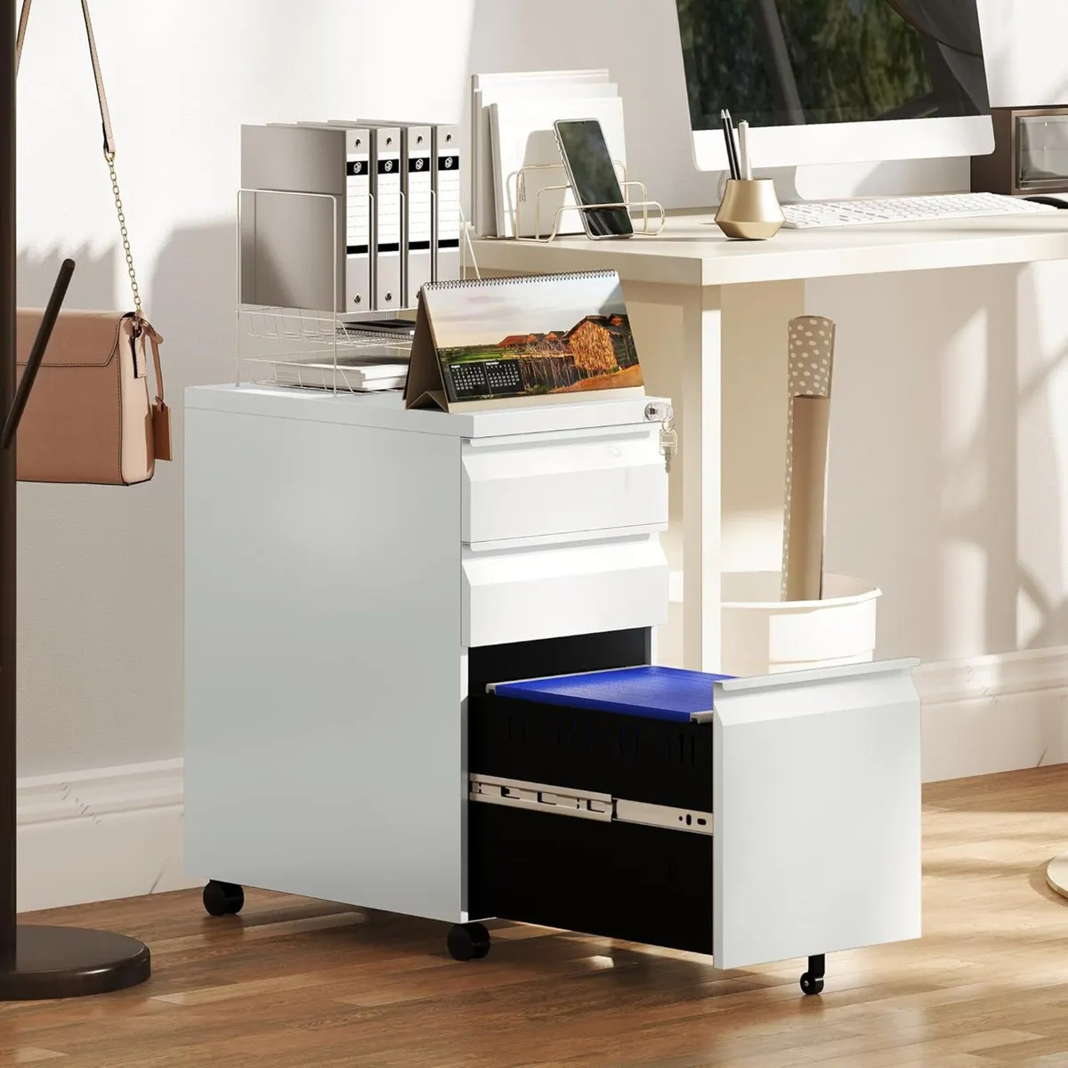 3-Drawer Filing Cabinet with Lock Mobile Steel - Image 2