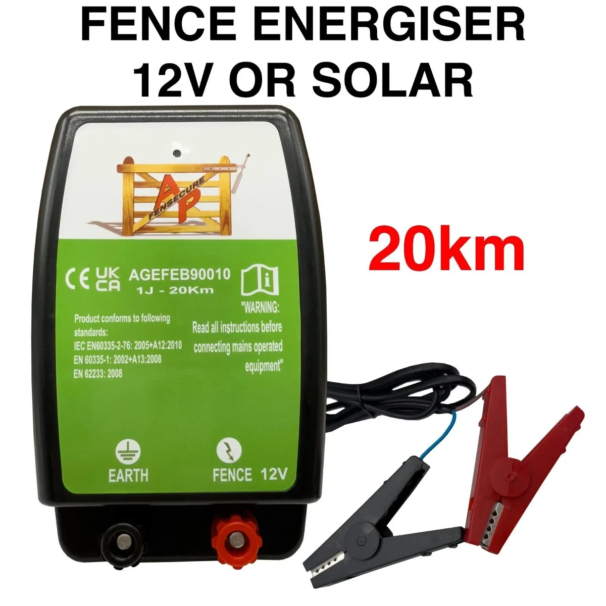 Electric Fence Energiser 12V or Solar 1 Joule 20km