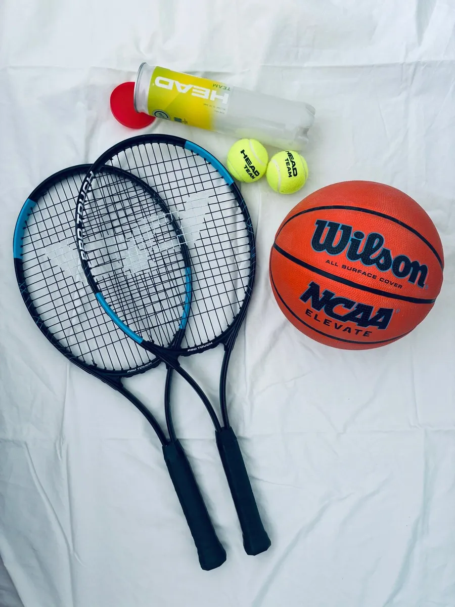 Basketball, 2 tennis rackets, 2 tennis balls - Image 1