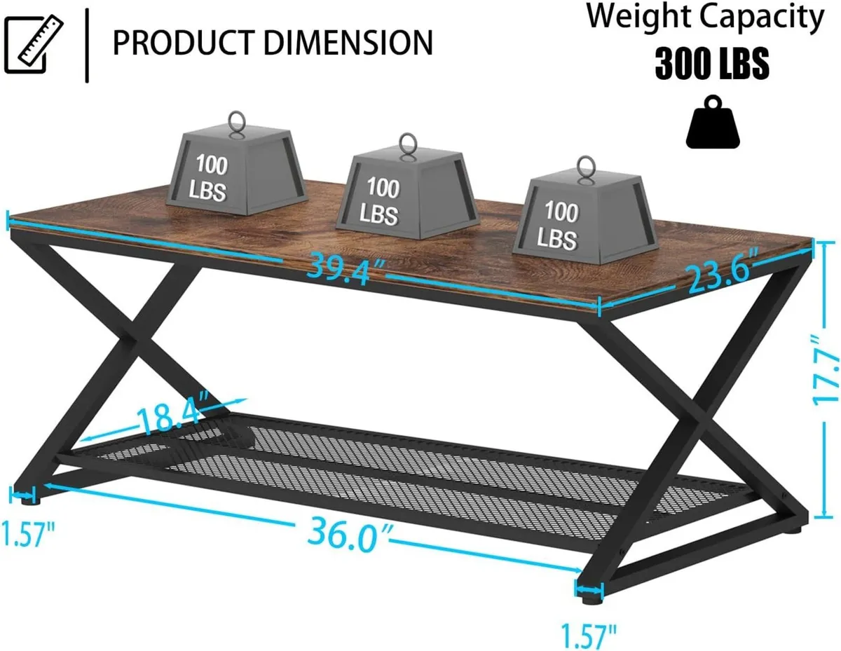 Rustic Brown 2 Tier Coffee Table Industrial Wood - Image 2