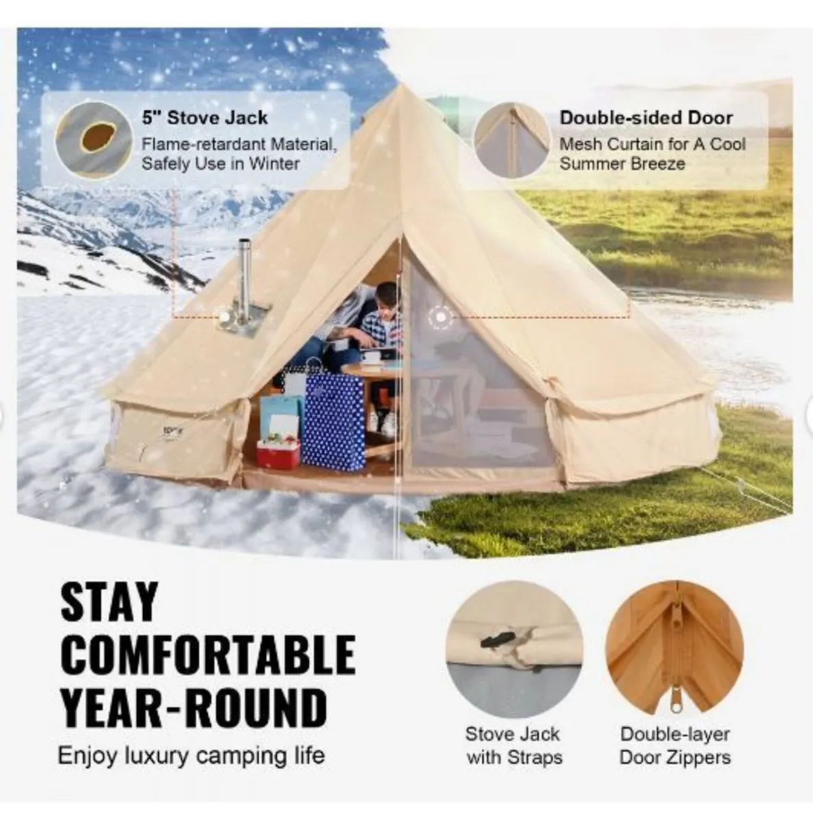 Canvas Bell Tent, 4 Seasons 3 m/9.8ft Yurt Tent - Image 3