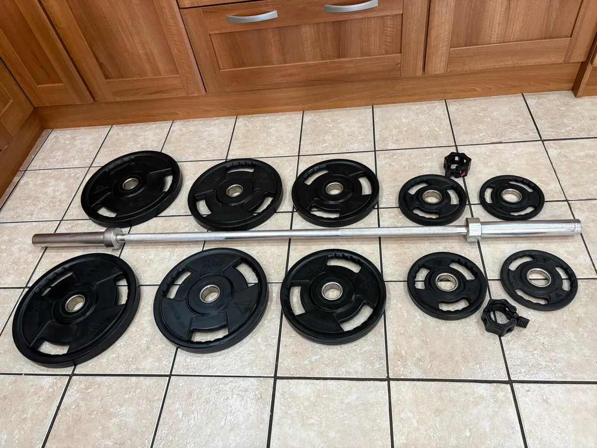 HIGH END URETHANE OLYMPIC WEIGHTS + OLYMPIC BARBEL - Image 1