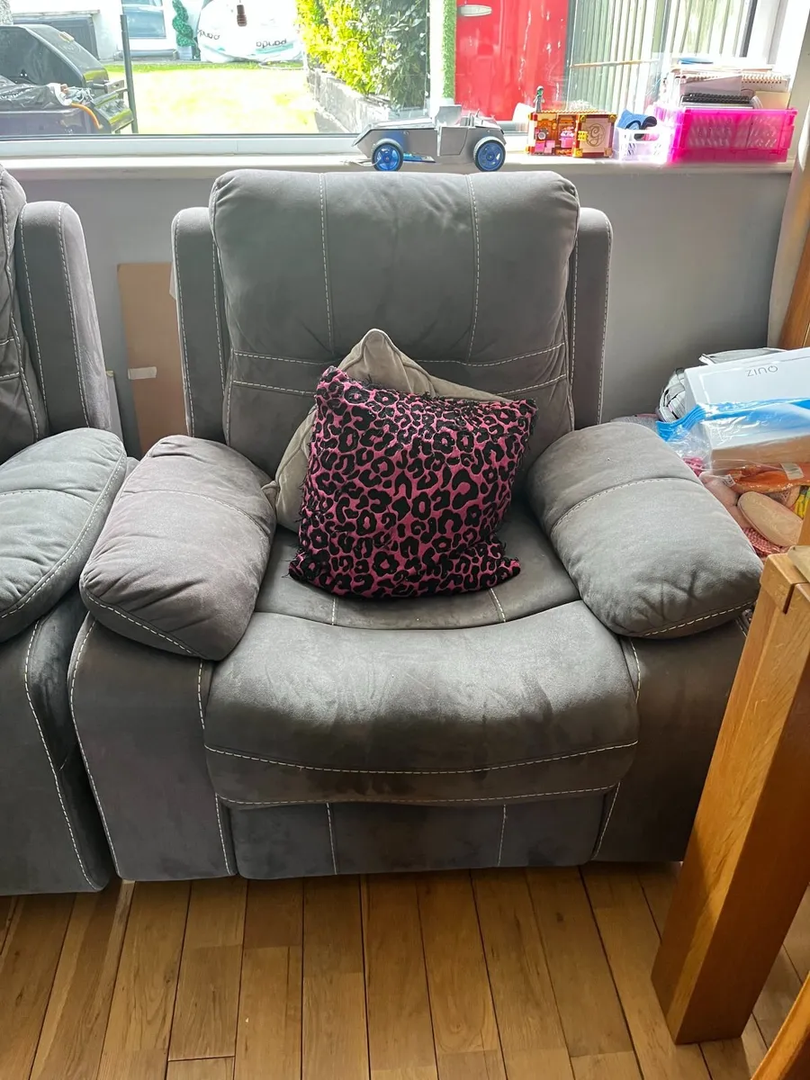 Grey 3 piece suite (sofa and 2 recliner chairs) - Image 1