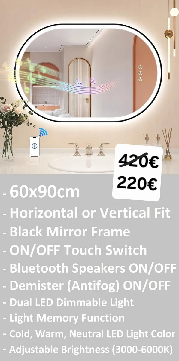 LED Bathroom Mirror Oval Speakers Antifog - Image 1