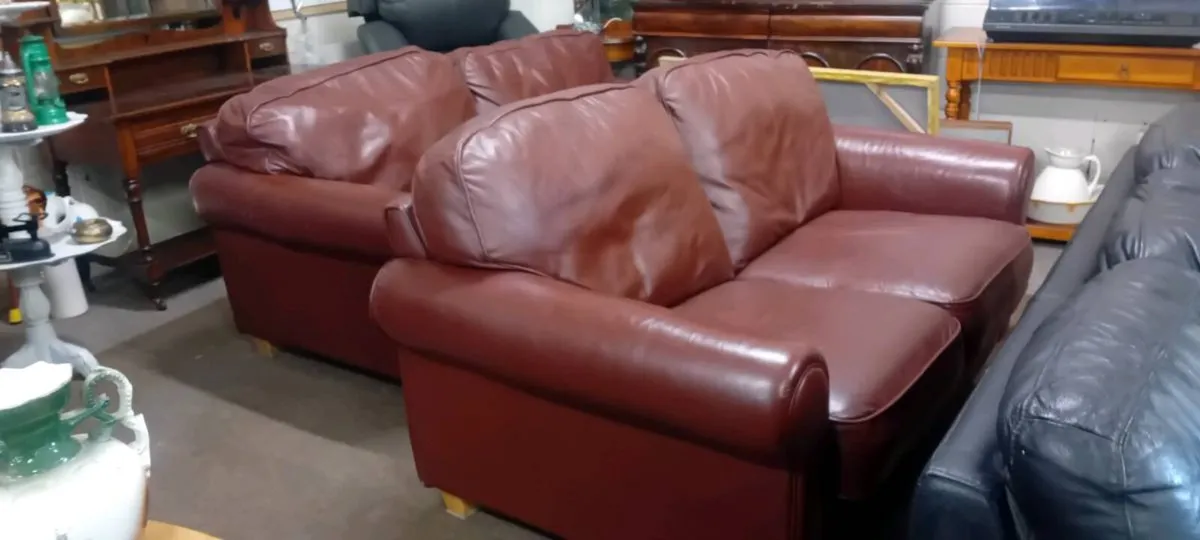 Pair Of Real Leather Two Seat Sofas - Image 2
