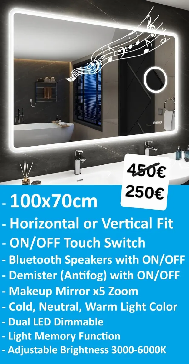 LED Bathroom Mirror 100x70cm Bluetooth Antifog - Image 1