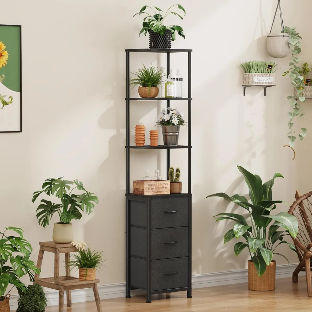 Corner Book Shelf with 3 Fabric Drawers Tall - Image 1