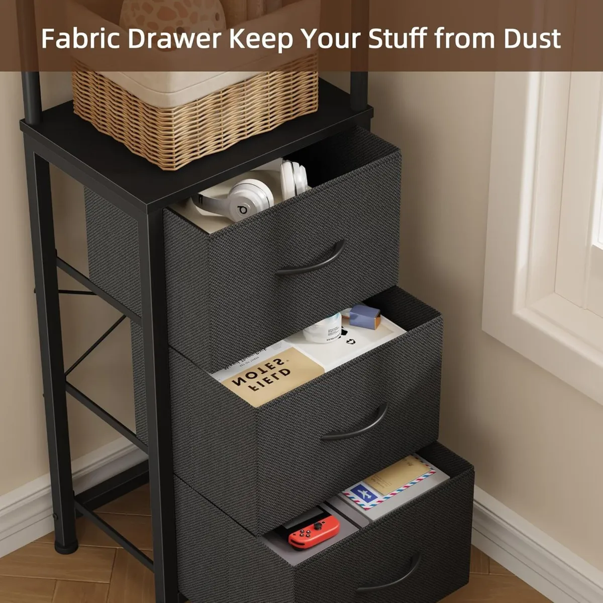 Corner Book Shelf with 3 Fabric Drawers Tall - Image 3