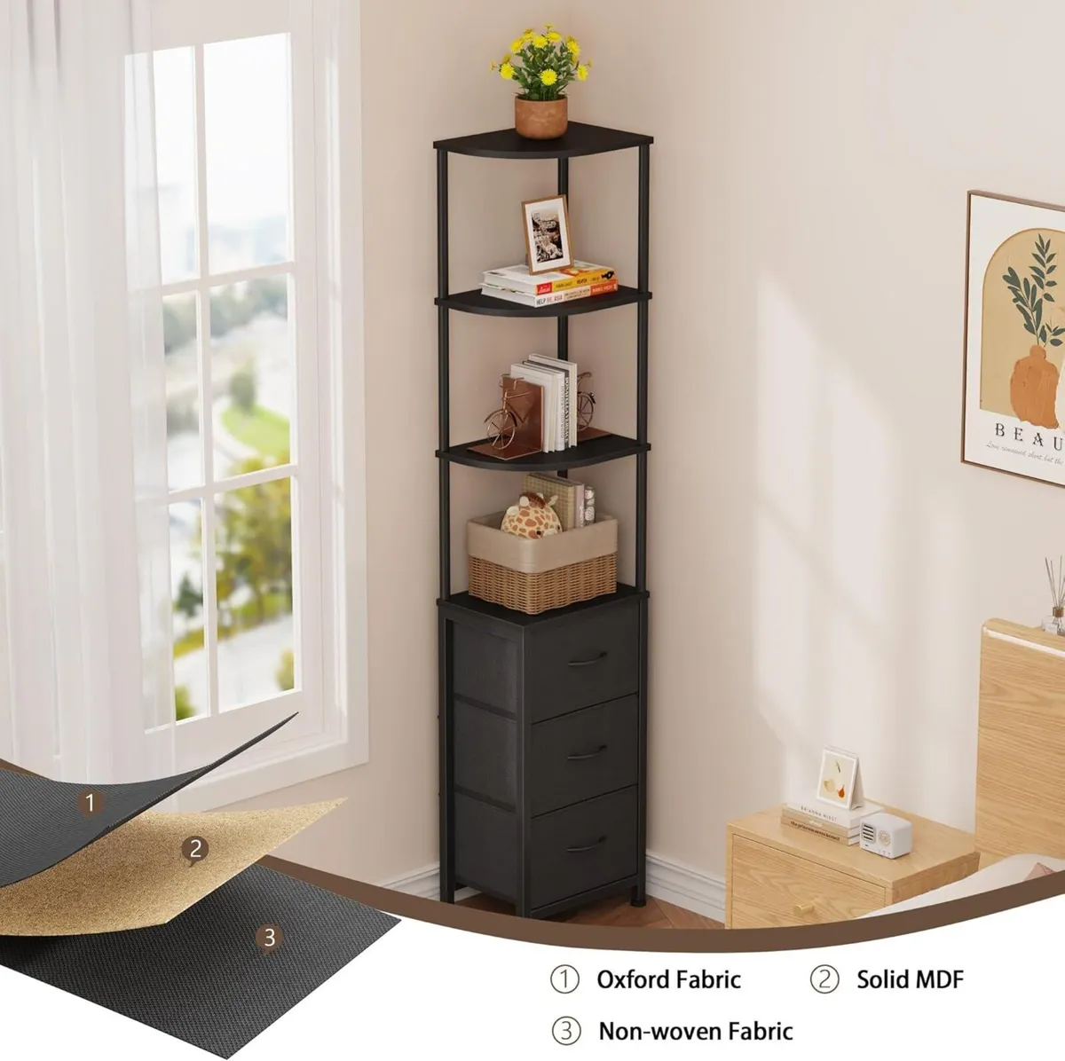Corner Book Shelf with 3 Fabric Drawers Tall - Image 4