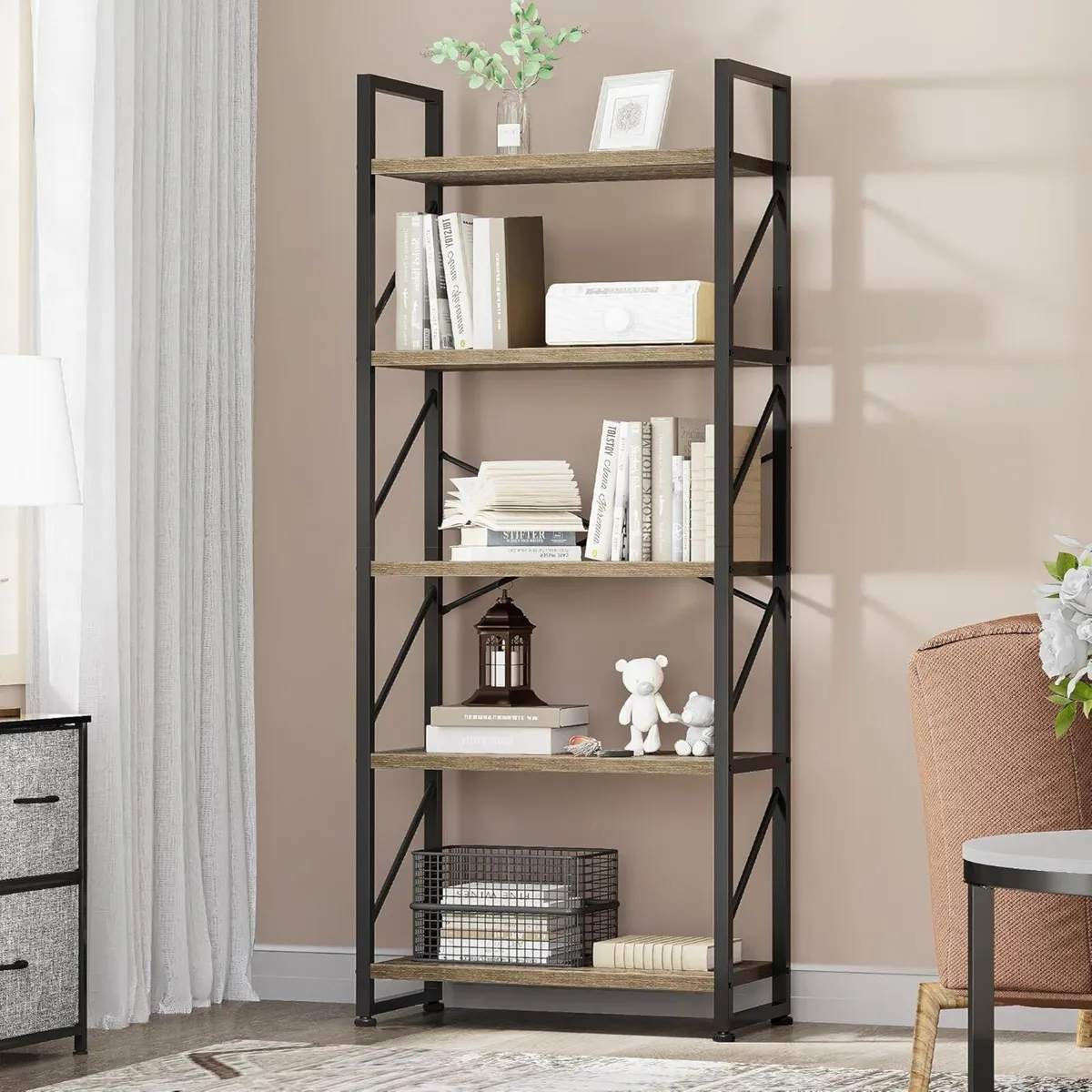 Bookshelf 5 Tiers Bookcase Tall Book shelf with - Image 4