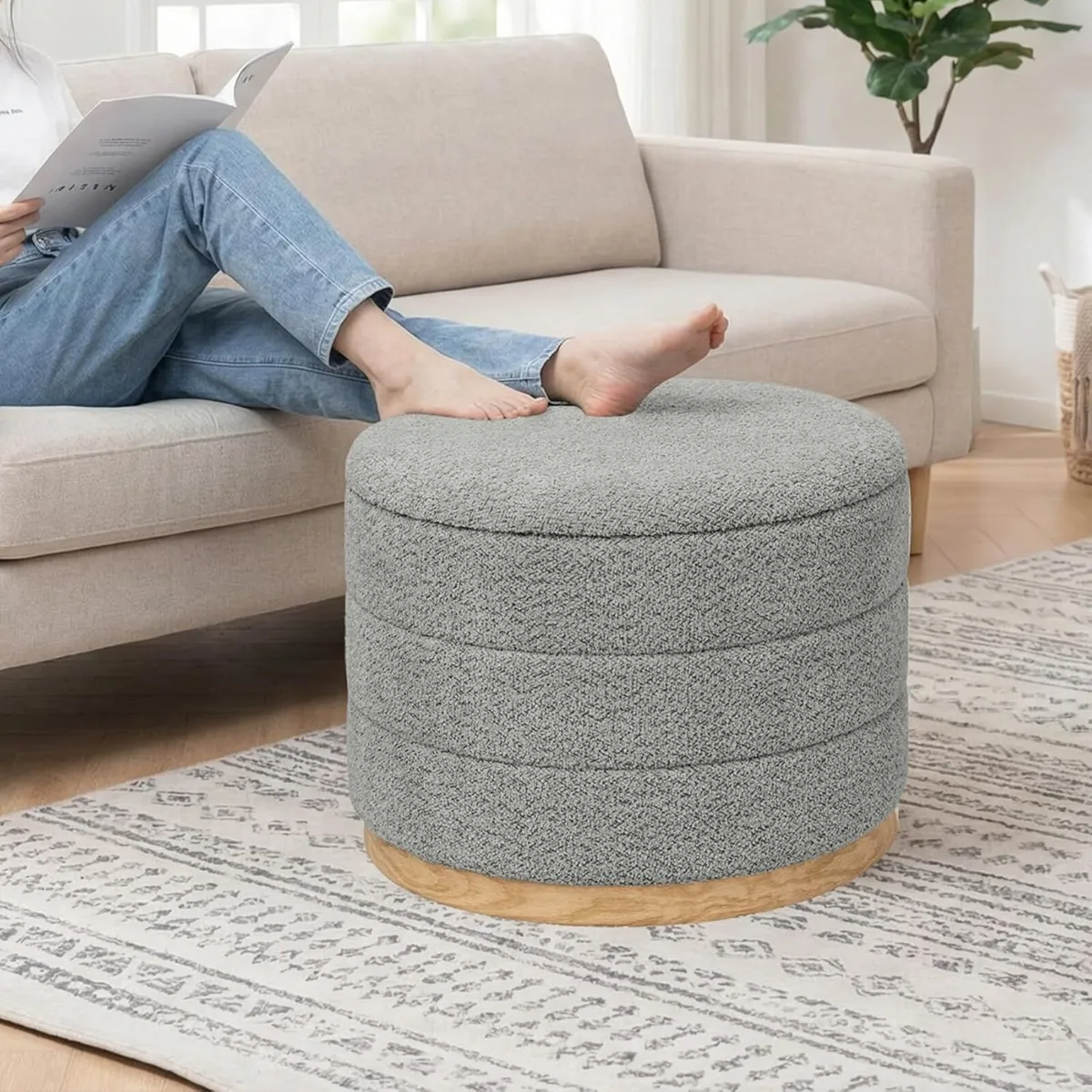 Round Chenille Storage Ottoman with Tray Top - Image 2