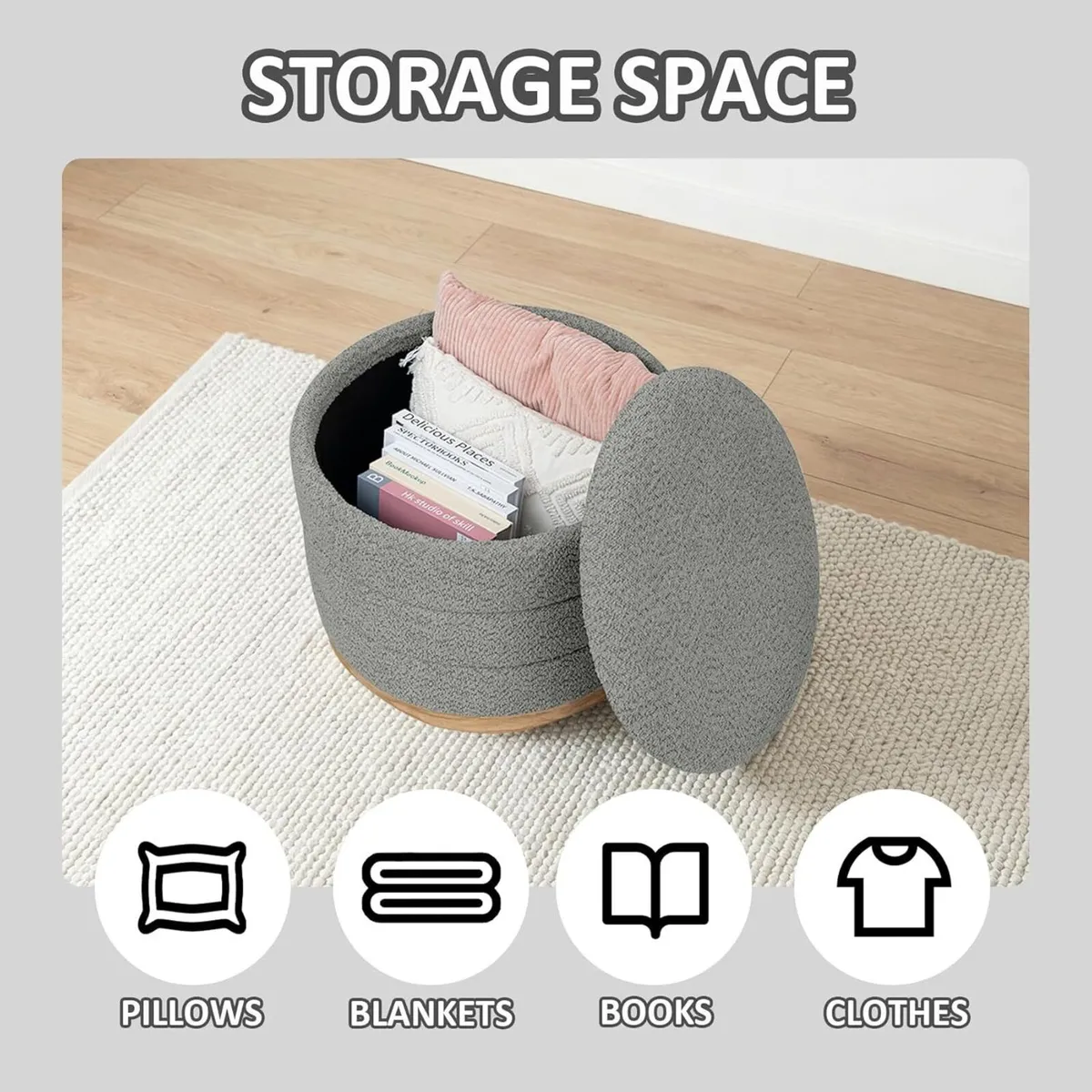 Round Chenille Storage Ottoman with Tray Top - Image 4