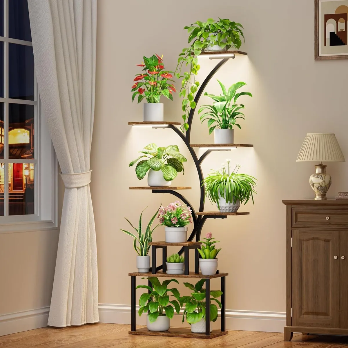 8-Tiered Tall Plant Stand with Grow Light Metal - Image 1