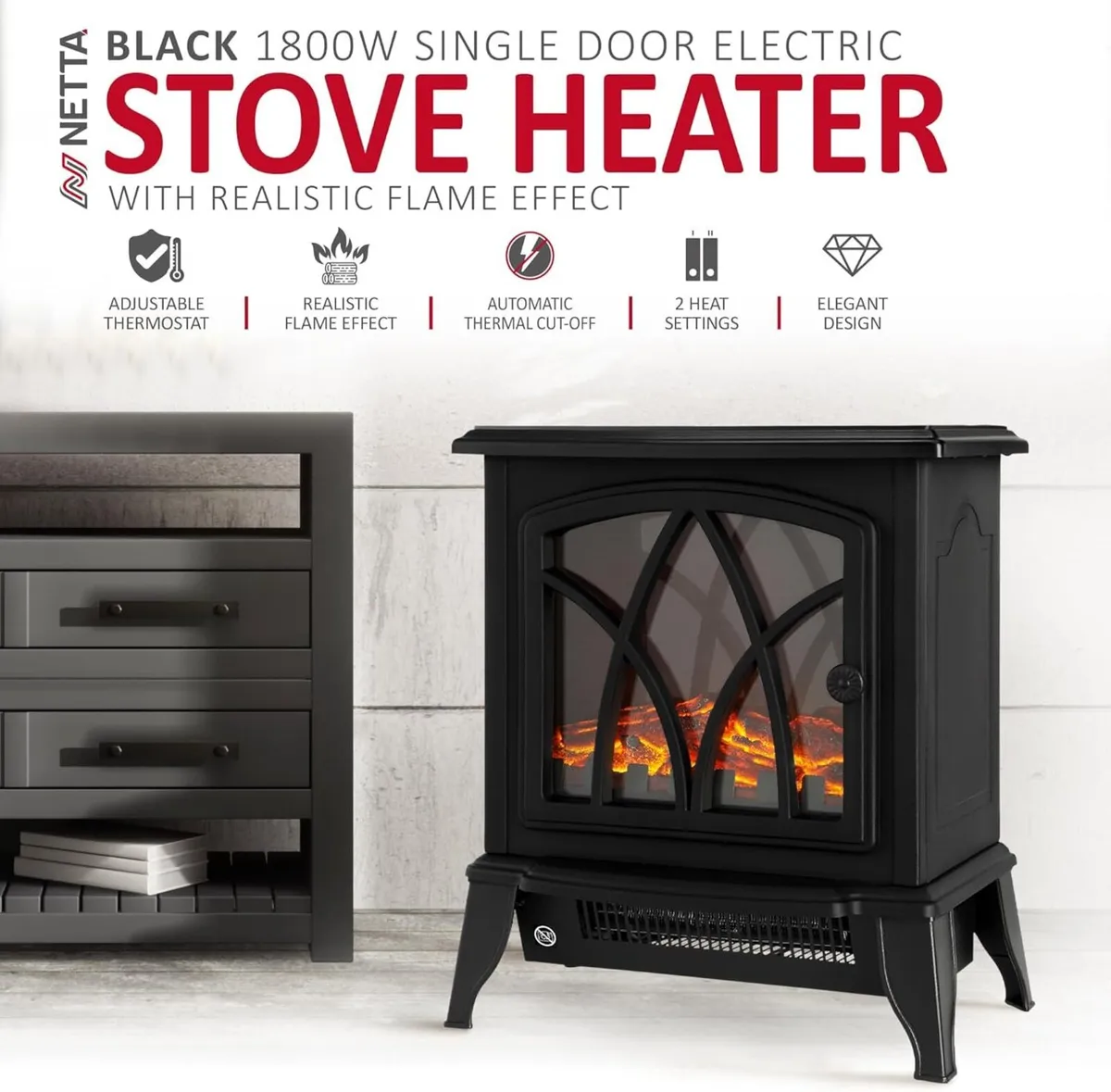 Electric Fireplace Stove Heater -1800W with Fire - Image 3