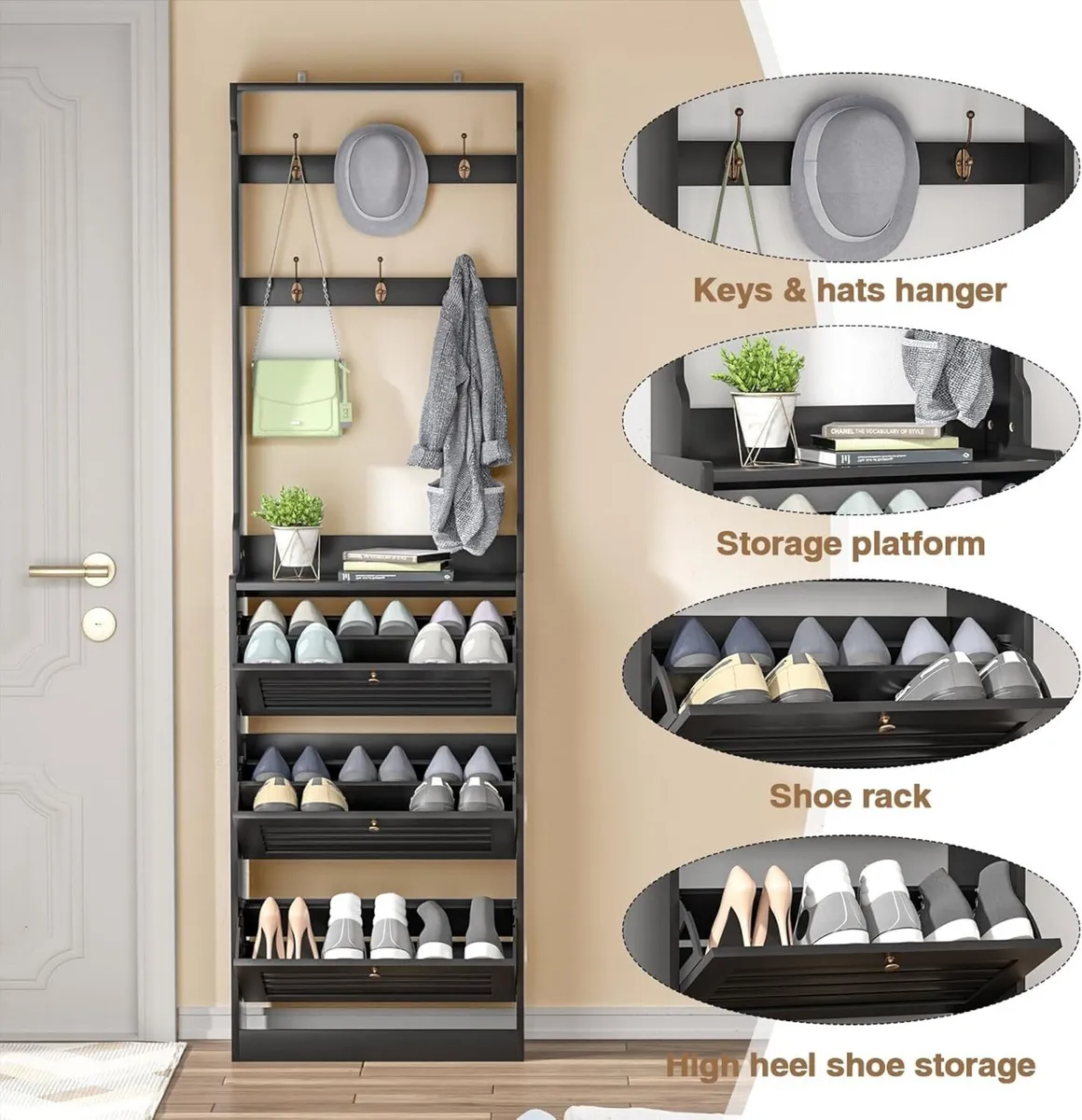 Slim Shoe Storage Cabinet with 3 Flip Drawers for - Image 3
