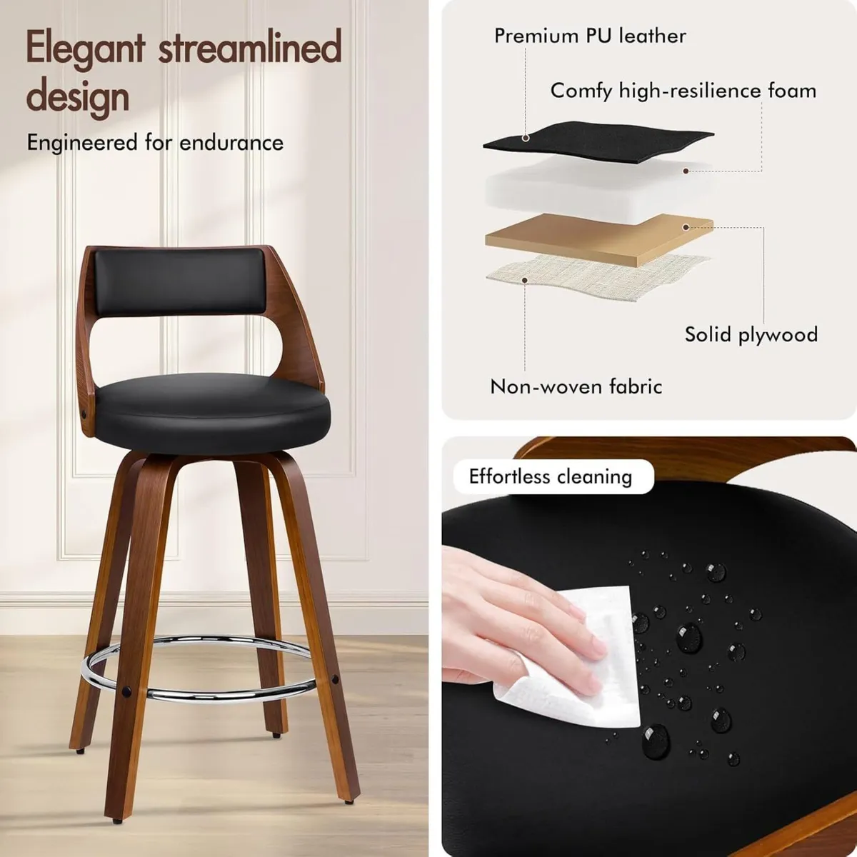 Bar Stools Set of 2 Thick Padded Barstools PU - Image 3