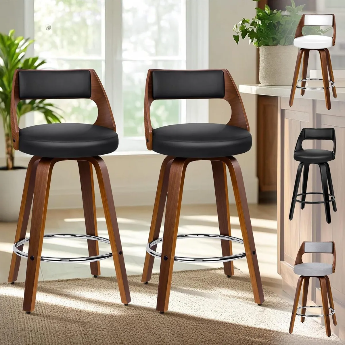 Bar Stools Set of 2 Thick Padded Barstools PU - Image 1