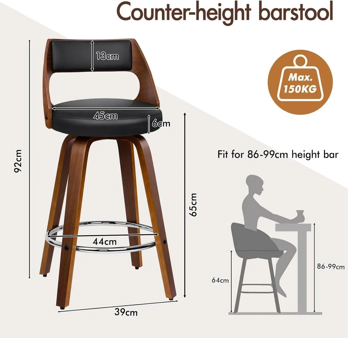 Bar Stools Set of 2 Thick Padded Barstools PU - Image 2