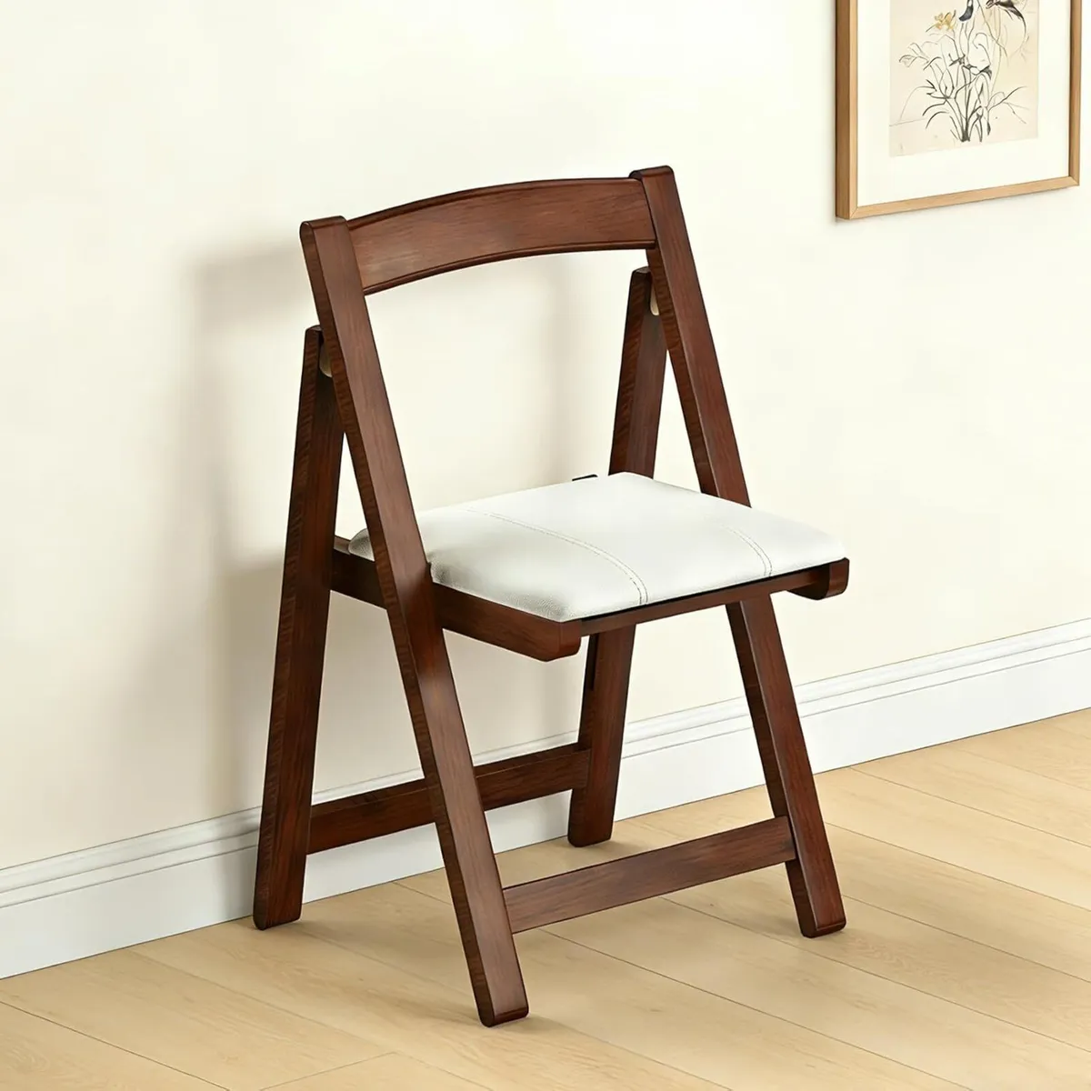 Wooden Folding Chair with PU Leather Padded Seat - Image 1