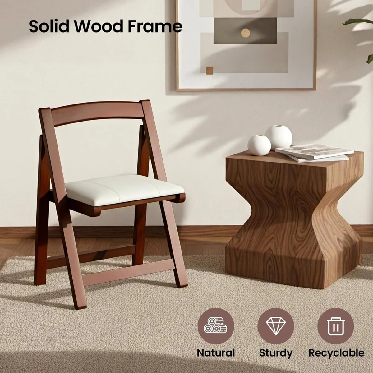 Wooden Folding Chair with PU Leather Padded Seat - Image 3